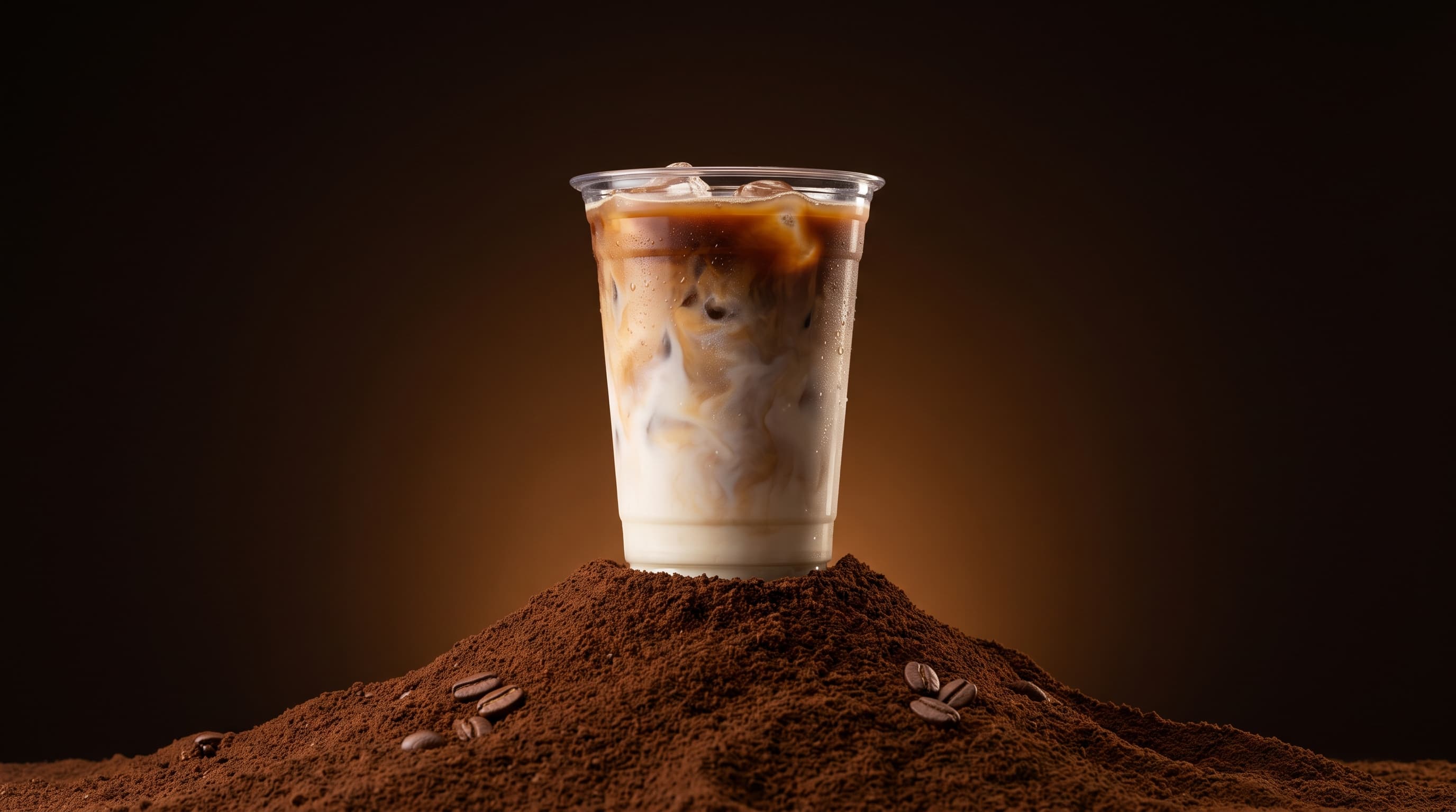 Iced latte in a clear cup, espresso swirling into cold milk, standing on a mound of ground coffee